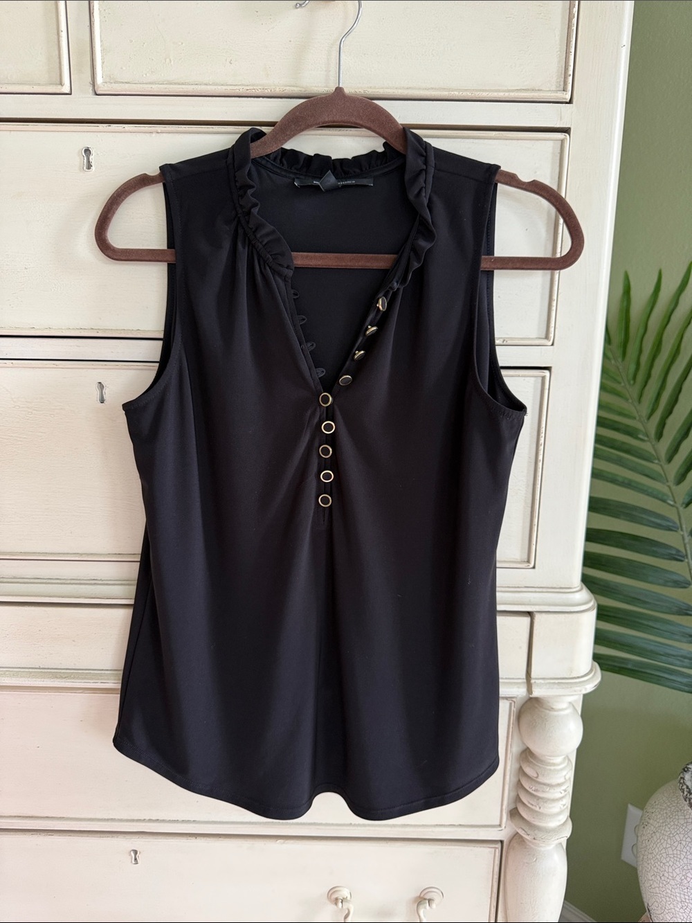 White House Black Market Black Ruffle V-Neck Top with Button Detail size S